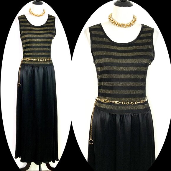 Nina Piccalino Dresses & Skirts - Vintage Nina Piccalino Maxi Sleevless Black & Gold Dress Whimsigoth Size 10-12